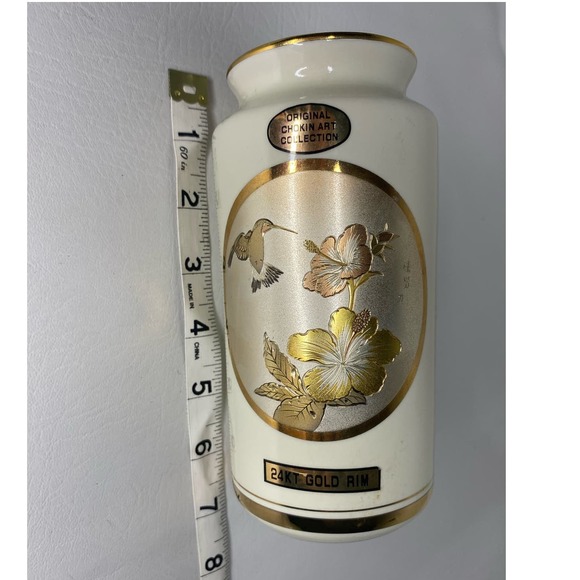 Hummingbird & Flowers Art of Chokin 24kt Gold Vase Made In Japan - Picture 2 of 4